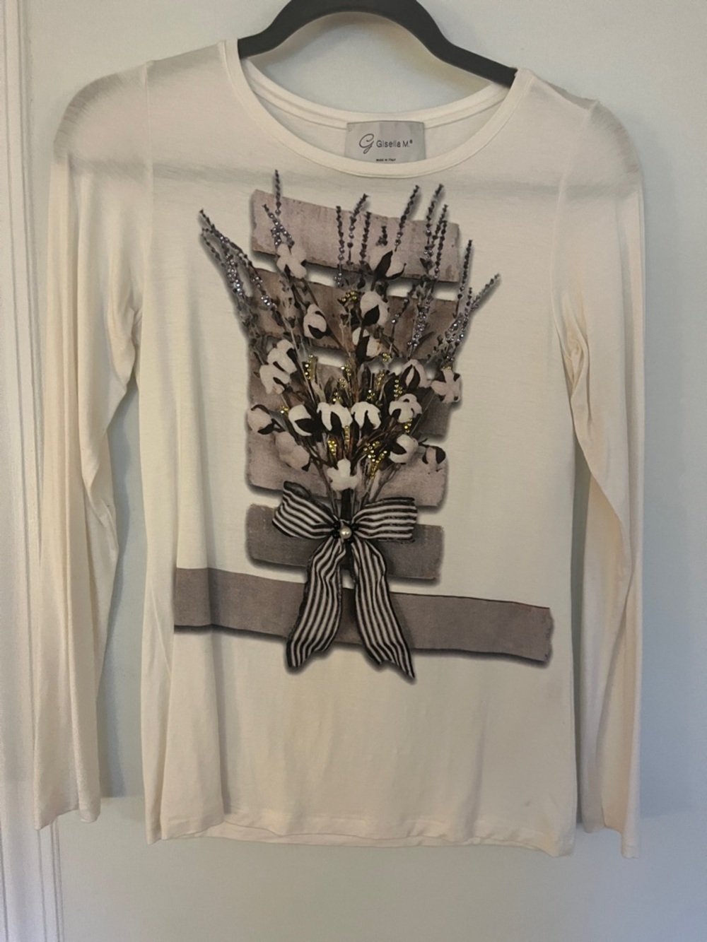 Cream Long-Sleeve Embellished Graphic Tee